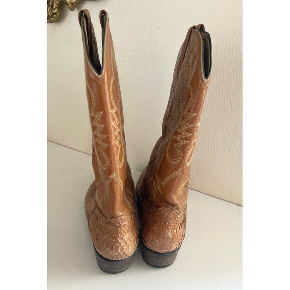 VTG Cat\'s Paw Cowboy Boots Orange Tan Leather Men\'s Size 9 Western Snakeskin main image 7